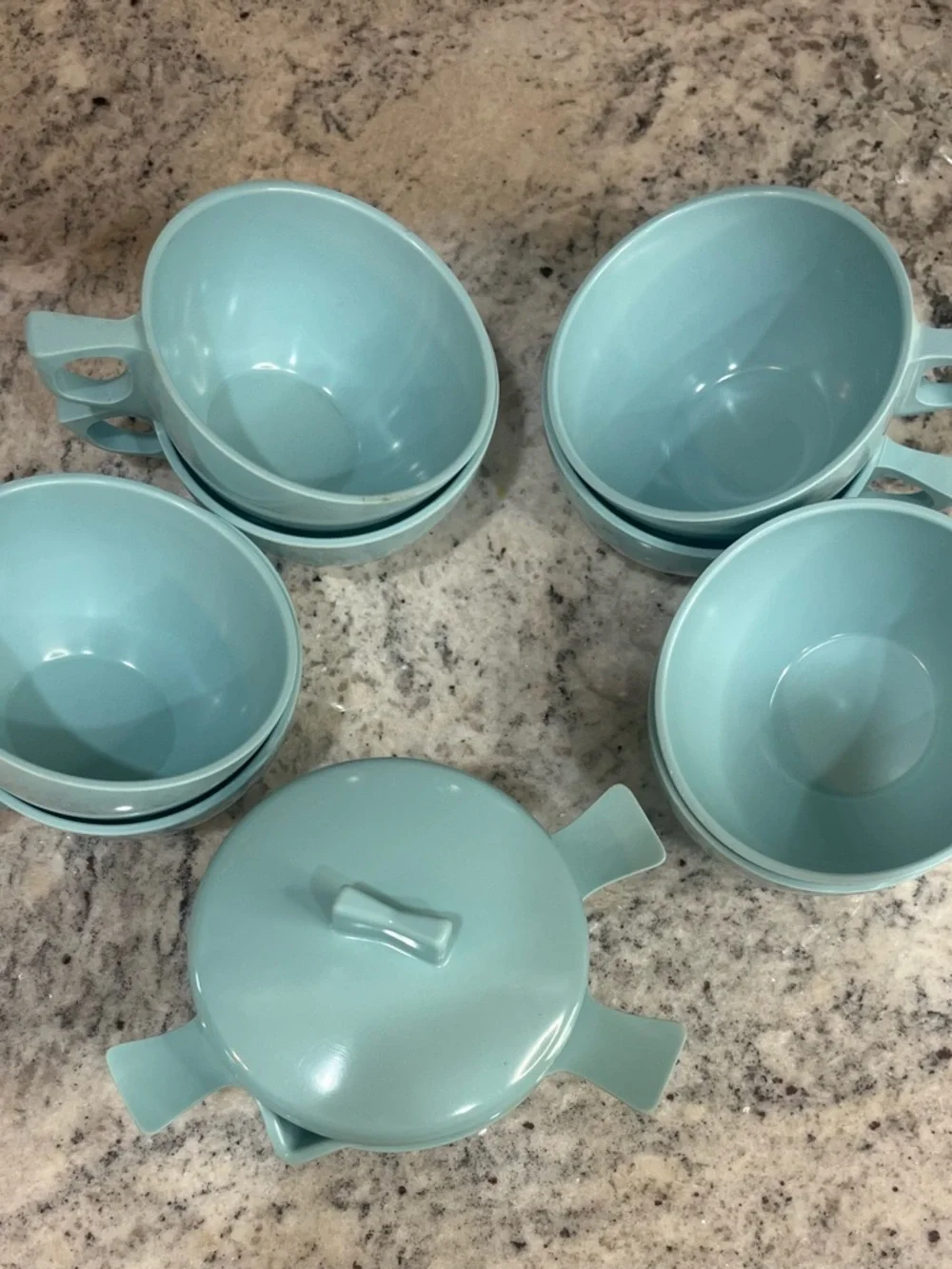Vintage Stetson Melmac Mugs, Creamer and Sugar Bowl Set - Robin's Egg Blue 11 Pc